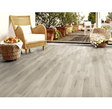 Heller Raum mit verlegtem Laminatboden, Korbsessel und Topfpflanzen auf dem Balkon