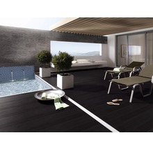 Terrasse mit Pool, Fliesenwand, Liegestühlen und Pflanzenkübeln