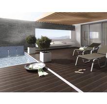 Terrasse mit Pool, zwei Liegestühlen und Pflanzen in Töpfen