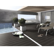 Terrasse mit Pool, Liegen und Holzboden