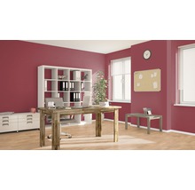 Büro mit Schreibtisch, Regalen und Büromaterial