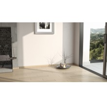 Heller Raum mit Parkettboden, Fensterfront und Dekoration