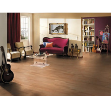 Wohnzimmer mit Laminatboden, Sofa, Sesseln und Gitarre