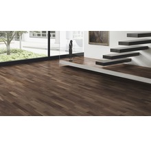 Innenraum mit dunklem Parkettboden, Treppe und Fenster