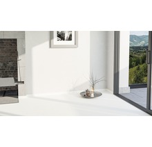 Heller Raum mit weißen Bodenfliesen, Dusche, Deko-Elementen und Blick nach draußen