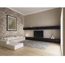 Wohnzimmer mit Ziegelwand, weißer Couch, schwarzem TV-Schrank und Teppich