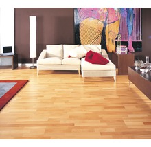 Helles Wohnzimmer mit Holzboden, Sofa und Kunstwerk