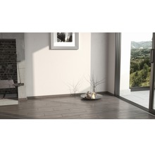 Innenraum mit Holzboden, Kamin und Fenster mit Aussicht