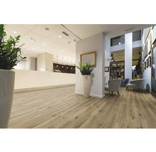 Heller Empfangsbereich mit Holzboden, Pflanzen und Sitzgelegenheiten.