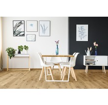 Esszimmer mit Esstisch, Stühlen und Dekorationen in einem hellen Raum