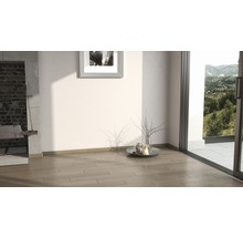 Heller Raum mit Holzboden, Kamin und Blick nach draußen