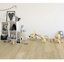 Kinderzimmer mit Laminatboden, Regal und Spielzeug.