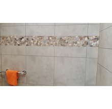 Wandfliesen mit Kieselsteinbordüre in einem Badezimmer.