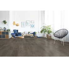 Wohnraum mit Laminatboden in Holzoptik, Sofa, Sessel und Zimmerpflanzen für ein helles und freundliches Ambiente