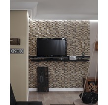 Wohnzimmer mit Mosaikwand und Fernseher
