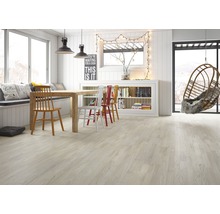 Heller Wohnraum mit Holzboden, Esstisch, Stühlen, Fensterbank mit Kissen und Hängekorb