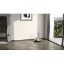 Heller Raum mit Holzboden, Dekoration und Blick ins Grüne