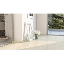 Heller Raum mit Fliesenboden, Zierleisten, Bilderrahmen und Blumenvase