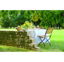 Gedeckter Tisch im Garten mit Steinmauer, Stühlen, Blumen und Speisen.