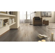 Heller Wohnraum mit Regalen und Holzlaminatboden.