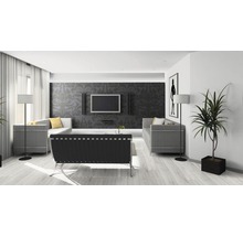 Helles Wohnzimmer mit Sofa, Sessel, Stehlampe, Zimmerpflanze und Fernseher