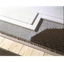 Schichtaufbau mit Holzfaserplatten, Kies und Wabenstruktur für Schallschutz und Dämmung