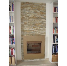 Wohnzimmer mit Kamin und Bücherregalen