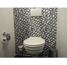 Badezimmer mit Toilette, Toilettenpapierhalter, Toilettenbürste und Mülleimer vor einer Wand mit Mosaikfliesen