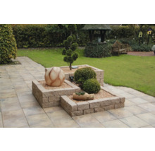 Dekorativer Garten mit Pflastersteinen, Pflanzen und Gartendekorationen