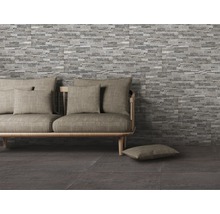 Wohnzimmer mit Wandverkleidung aus Naturstein und Bodenfliesen