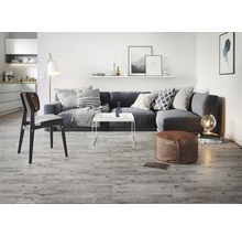 Modernes Wohnzimmer mit Sofa, Stuhl, Tisch und Holzboden