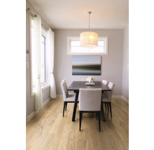 Esszimmer mit Esstisch, Stühlen, Pendelleuchte und Holzboden