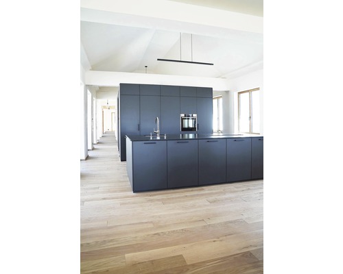 Moderne Küche mit Kochinsel, Spüle und Einbaubackofen in einem hellen Raum mit Holzboden.