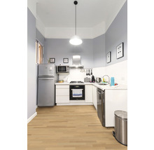 Helle Küche mit Geräten, Schränken und Holzboden.