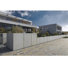 Außenaufnahme von zwei modernen Häusern mit Betonmauer und Pflastersteinen