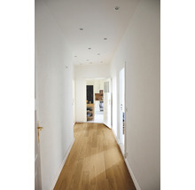 Flur mit Holzboden und Deckenleuchten