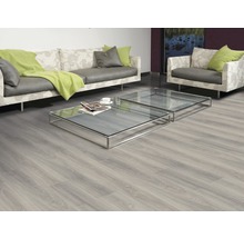 Wohnzimmer mit Laminatboden, Sofa, Sessel und Glastischen.