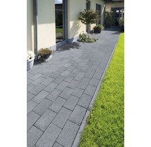 Gepflasterter Weg mit Betonpflastersteinen im Garten