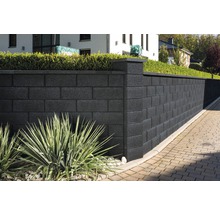 Hohe Gartenmauer aus Betonsteinen mit Pfeilerelementen und Bepflanzung