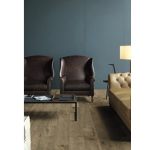 Wohnzimmer mit zwei braunen Ledersesseln, Couchtisch und Sofa