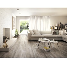 Wohnzimmer mit Sofa, Couchtischen und Holzbodenfliesen