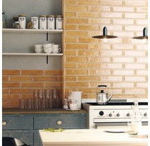 Küchenszene mit Regalen, Geschirr, Wandfliesen und Herd