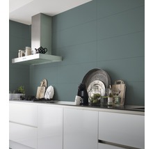 Moderne Küche mit weißen Schränken, Dunstabzugshaube und Wandfliesen