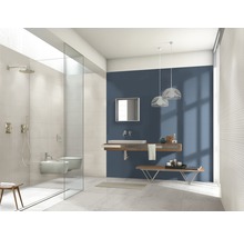 Modernes Badezimmer mit Dusche, Bidet, Waschtisch und blauer Akzentwand