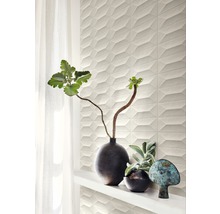 Dekorative Wandfliesen mit dreidimensionalem geometrischen Muster hinter Pflanzenvasen auf einem Regal.