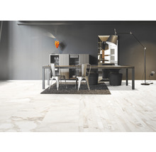 Esszimmer mit Tisch, Stühlen, Teppich, Kommode und Stehlampe