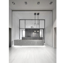 Heller Eingangsbereich mit Empfangstresen, Deckenleuchten und Marmorboden