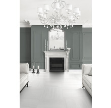 Innenraum mit Kamin, Spiegel, Kronleuchter und Sitzgelegenheiten für ein elegantes Wohndesign.