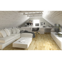 Heller Dachboden mit Sofa, Tisch, Schreibtisch und Fernseher