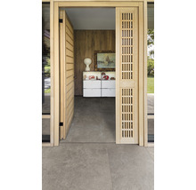 Offene Holztür mit schmalen Öffnungen und Blick in einen Raum mit Kommode und Wandbild